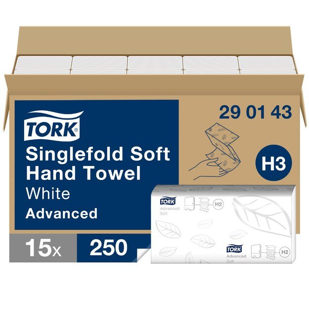 Rankų valymo servetėlės TORK Soft Singlefold H3, 290143, 2 sl., 250 serv., 23 x 22,6 cm, balta sp.