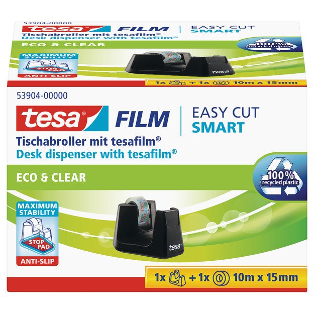 Stalinis lipnios juostelės dėklas TESA Easy Cut Smart su Tesafilm ekologiška ir skaidria juostele, 15mm x 10m