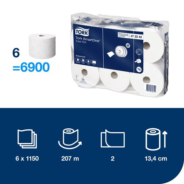 Tualetinis popierius TORK, 472242, SMARTONE,  2 sl., 13.4x18 cm, 207 m, balta sp.