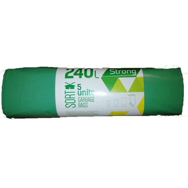 Šiukšlių maišai, LDPE, 240 l, 50 mk, 120 x 90 cm, tvirti, žali, 5 vnt.