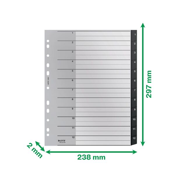 Skiriamieji lapai Leitz Recycle, 1-12, A4 MAXI, PP, juodos salvos