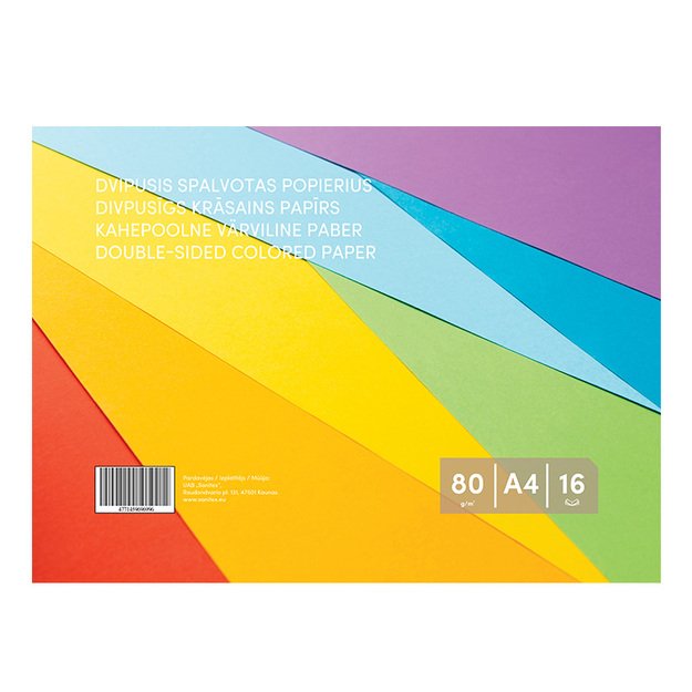 Dvipusis spalvotas popierius, A4,  80 g/m², 16 lapų (8 spalvos x 2).