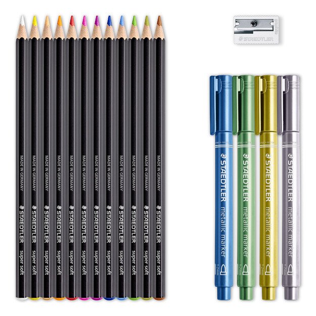 Kūrybinis rinkinys STAEDTLER 146 10C, 12 palvotų pieštukų + 4 žymekliai, drožtukas