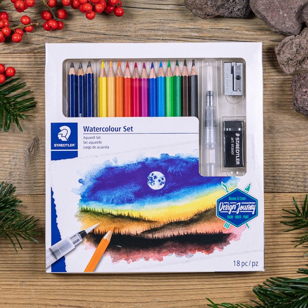 Kūrybinis rinkinys STAEDTLER 146 10C, 12 spalvotų pieštukų + 3 grafitiniai pieštukai,  vandens teptukas, drožtukas