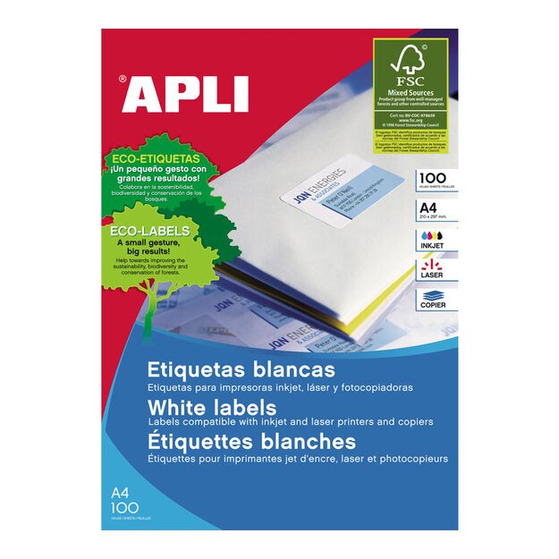 Lipnios etiketės APLI, 210 x 297 mm, A4, 1 lipdukai lape, 25 lapai, balta