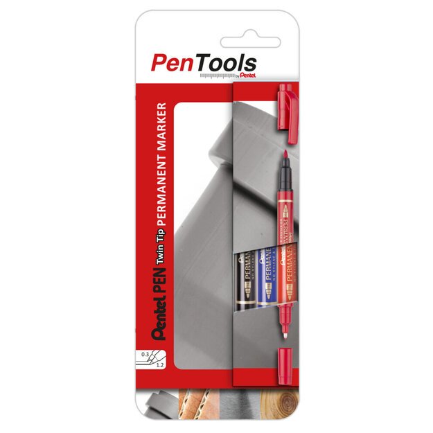 Permanentinis žymeklis Pentel Tool Twin Tip N75W, 0,3–1,2 mm, 3 vnt., įvairios spalvos