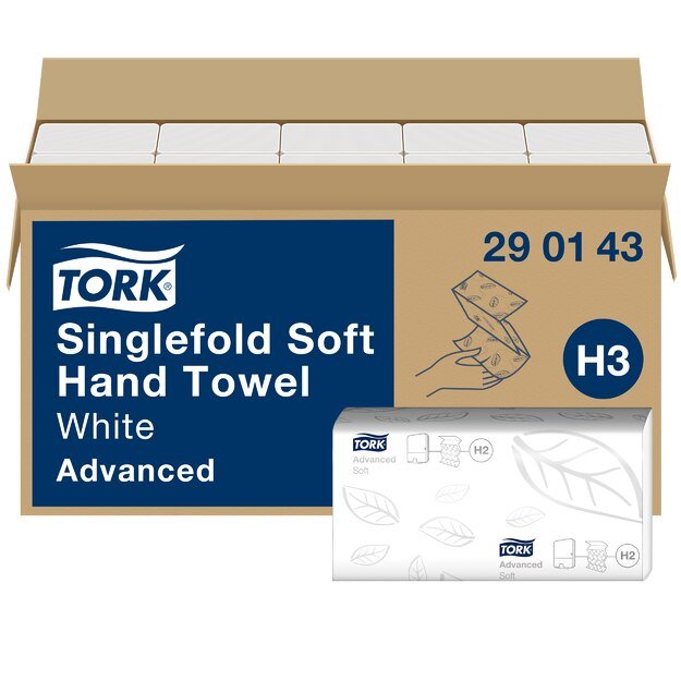 Rankų valymo servetėlės TORK Soft Singlefold H3, 290143, 2 sl., 250 serv., 23 x 22,6 cm, balta sp.