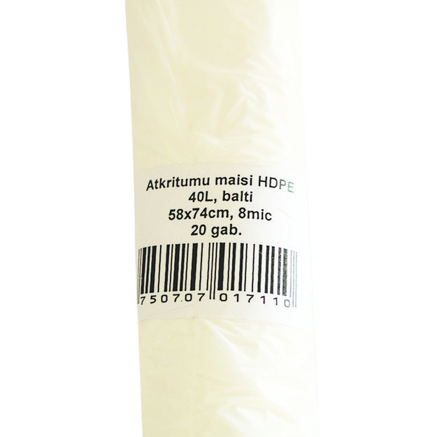 Šiukšlių maišai, 40 l, 20 vnt, HDPE, 8 mic, 58x74 cm, balti