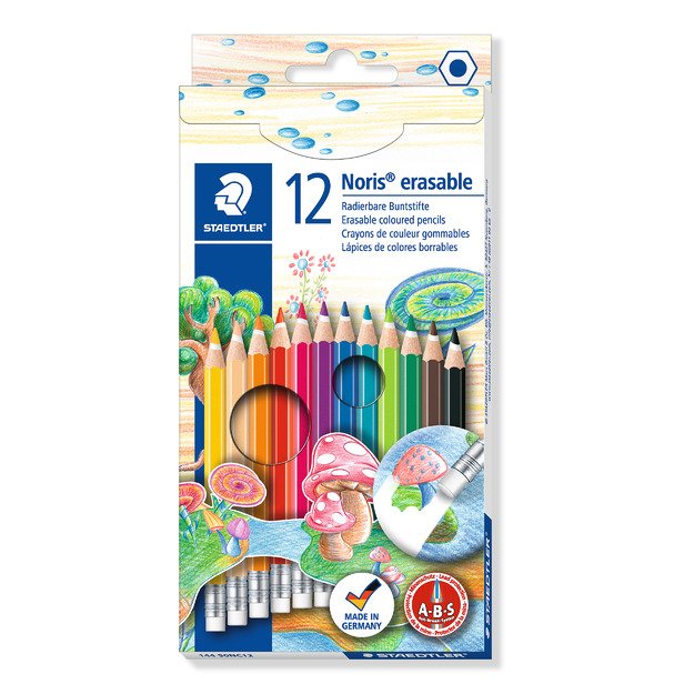 Spalvoti pieštukai, ištrinami, su trintuku STAEDTLER NORIS CLUB, 12 spalvų