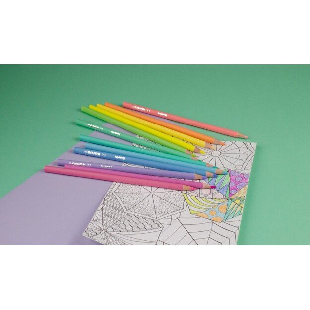 Spalvoti pieštukai KORES KOLORES PASTEL, tribriauniai, 3mm, 12 pastelinių spalvų