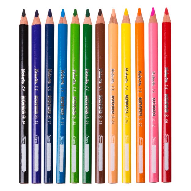 Spalvoti trikampiai pieštukai KORES JUMBO, 12 spalvų su drožtuku