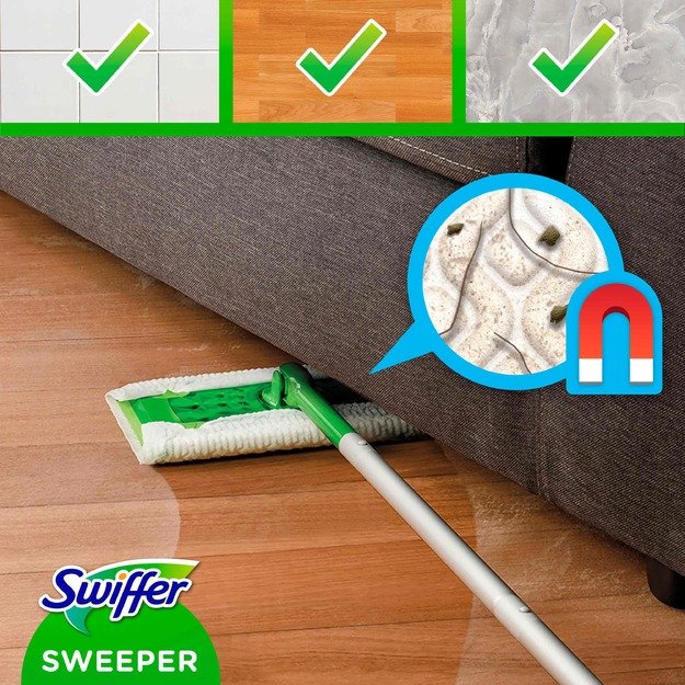 Swiffer Sweeper Starter Kit XXL: šluota,sausos serv.8vnt ir šlapios serv.3vnt
