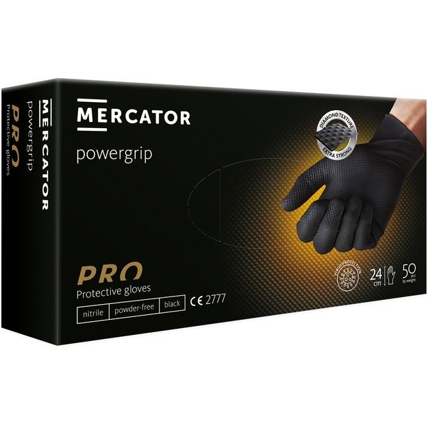 Viekartinės pirštinės MERCATOR Powergrip, nitrilinės, juodos, L dydis, 50 vnt