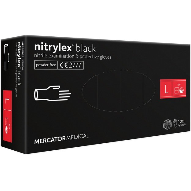Vienkartinės pirštinės NITRYLEX PF, nitrilinės, nepudruotos, juodos spalvos, L, 100 vnt.
